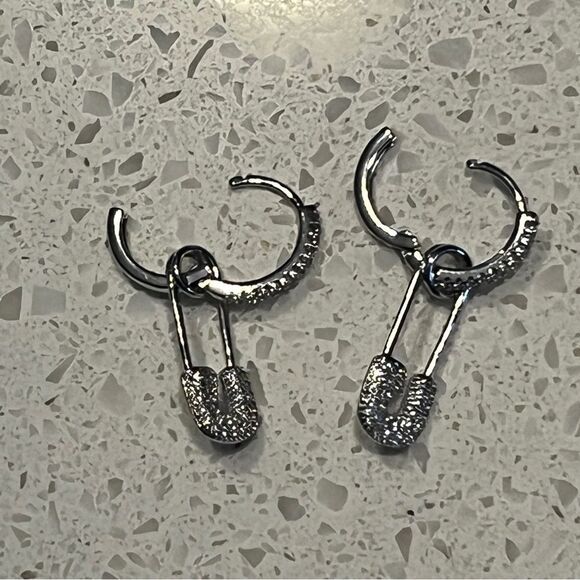 Cubic Zirconia Safety Pin Drop Earrings - Picture 4 of 10
